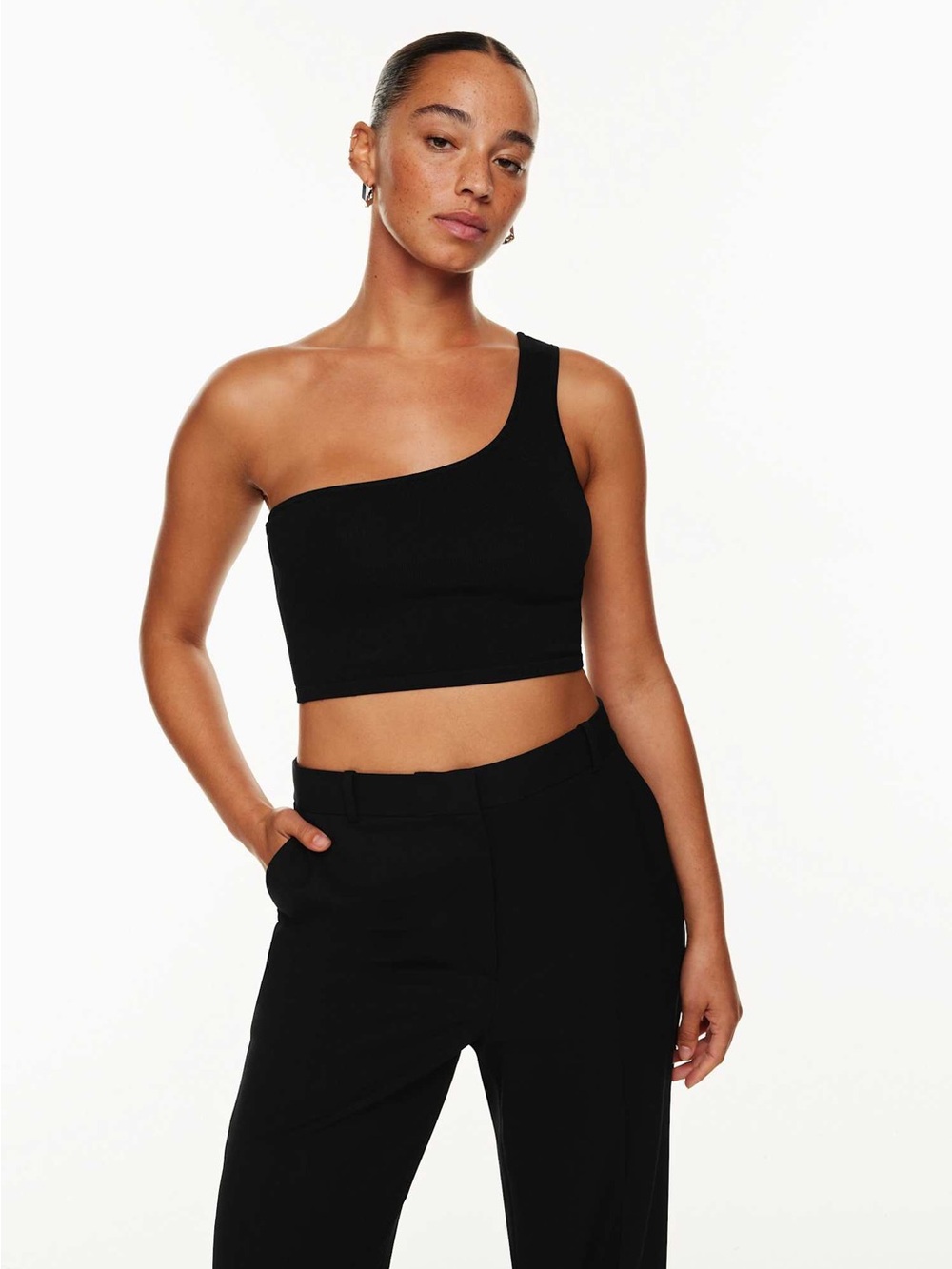 Aritzia Babaton One-Shoulder Ribbed Knit Crop Top | XS | Black